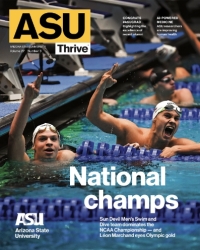 ASU Thrive magazine cover for May 2024.  Two male swim team members celebrating in the pool